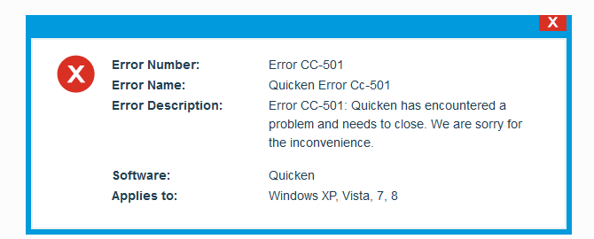 Quicken Error Message Code cc 501 with US Banks