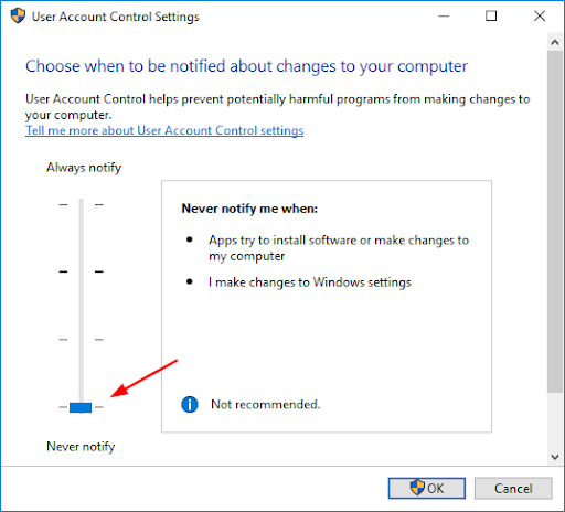 Choose Never notify and Turn off UAC settings