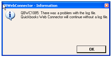 Quickbooks Web Connector QBWC1085 error message window that pop up on screen when it occurs