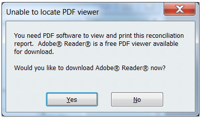 Pop up window showing Quickbooks Unable to locate PDF viewer Error Message on QB screen
