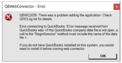 Error QBWC1039: There was a problem adding the application. 