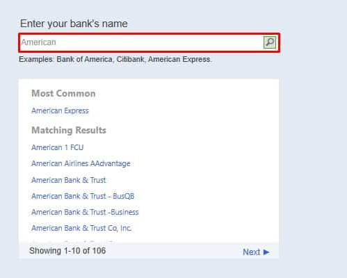 Enter your bank's name to Import bank transactions into QuickBooks
