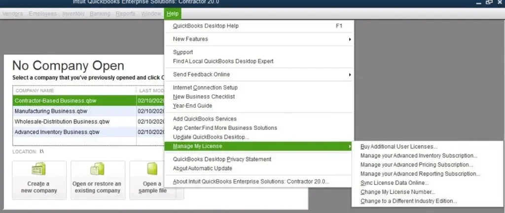 QuickBooks Desktop Application Help Menu