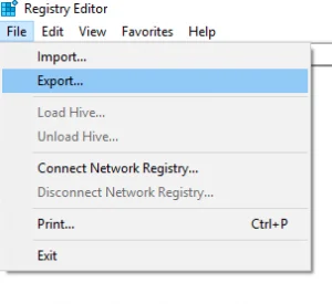 Select Export from Registry Editor