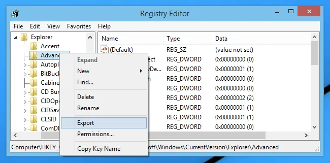 Select Export in Registory Editor