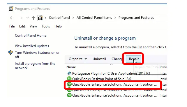 Repair Quickbooks from Uninstall or Change a Program Option