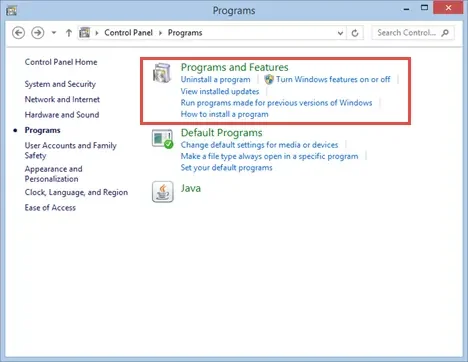Programs and Features tab (Control Panel)