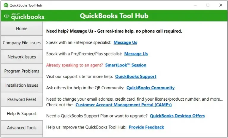 QuickBooks Tool Hub Support Tab