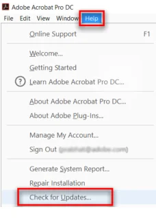 Update Installed Acrobat Reader from Help Tab