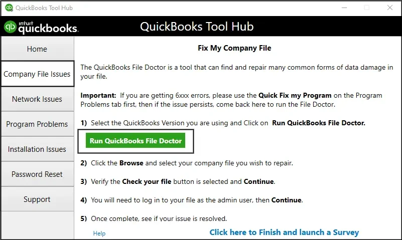 Download and Run the QuickBooks File Doctor Tool to fix QuickBooks error 6000 80 