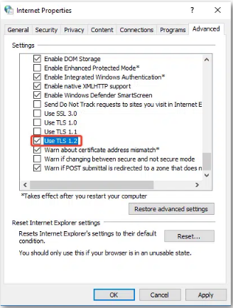 Enable TLS1.2 Security Protocol in Your Internet Explorer