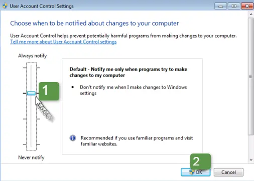 Turn off the User Account Control UAC on Windows