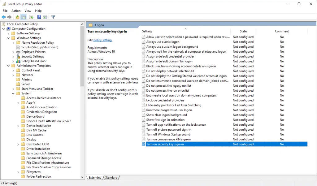 Local Group Policy Editor (Turn on Security Key Sign-in)