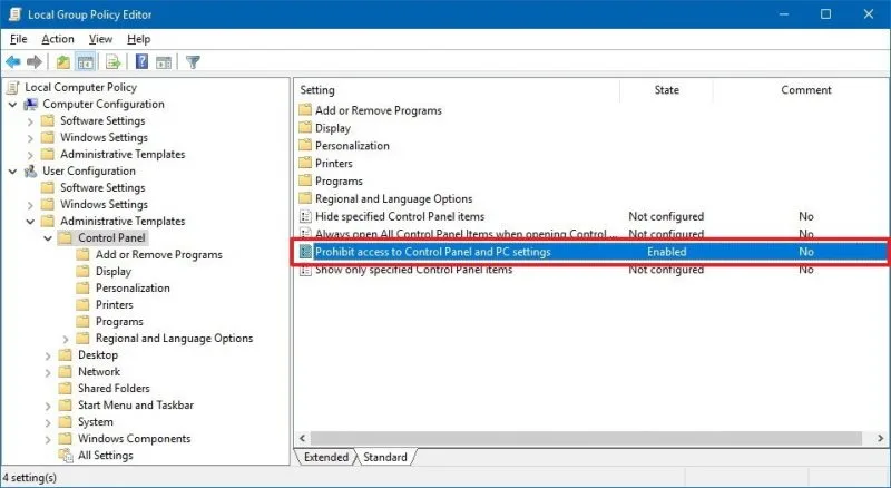 Prohibit Access to Control Panel and PC Settings