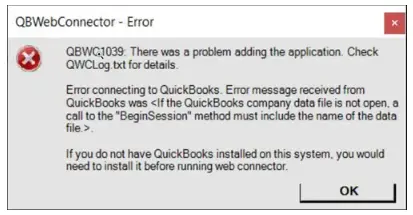 There was a problem adding the application. Check QBWCLog.txt for details
