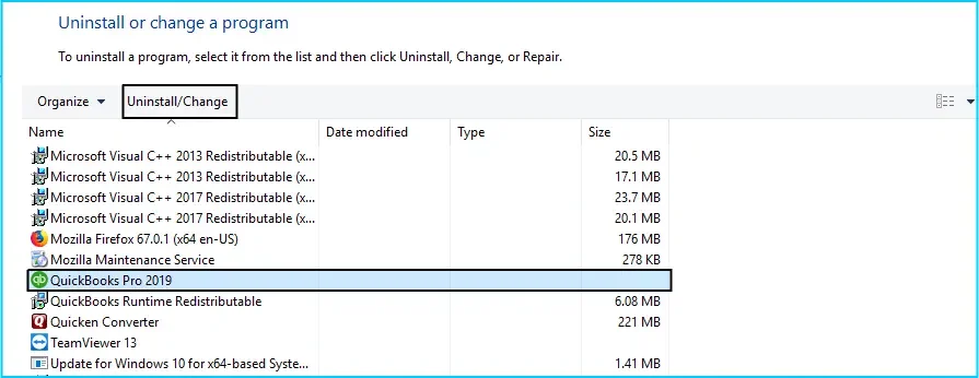 QuickBooks desktop option and then press the Uninstall button