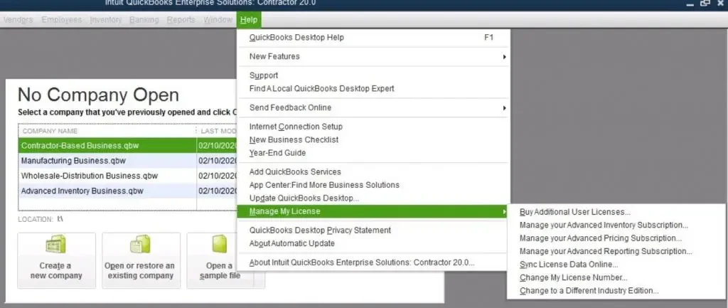 QuickBooks Desktop application and Manage My License