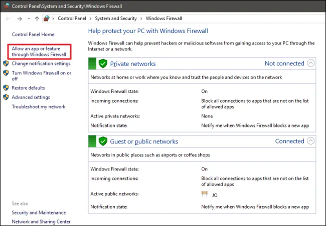 Create exceptions in settings of system firewall