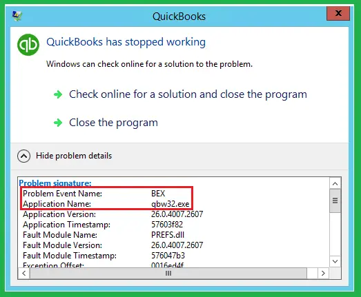 QuickBooks has Stopped Working BEX Error