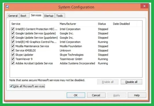 Hide all Microsoft Services, and then Disable all