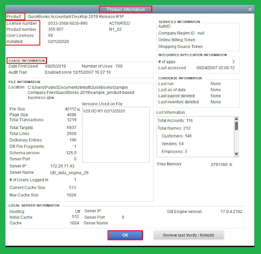 Product Information window