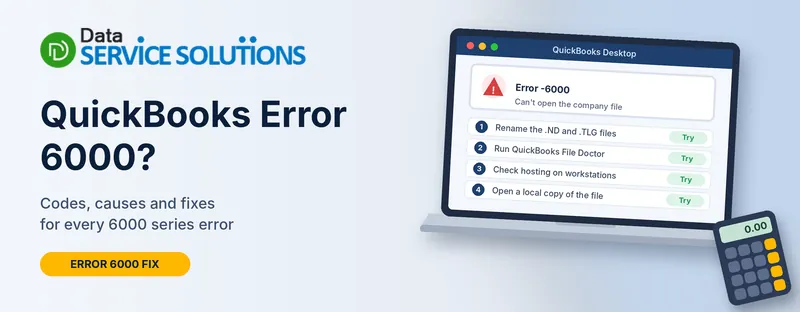 QuickBooks error 6000 window with four fixes: rename ND and TLG files, run File Doctor, check hosting and open a local copy