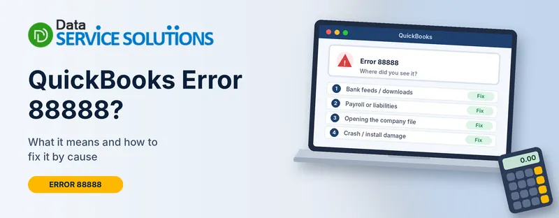 QuickBooks error 88888 window listing four places the error appears: bank feeds, payroll, company file and crash