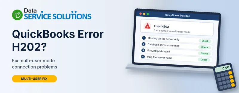 QuickBooks error H202 window listing four checks: hosting, database services, firewall ports and server ping