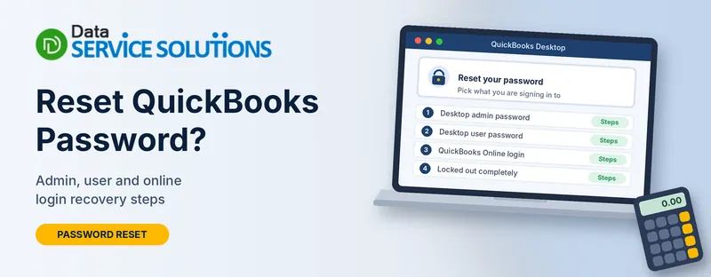 Reset QuickBooks password window showing four options: Desktop admin, Desktop user, QuickBooks Online and locked out